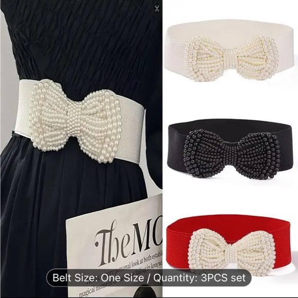 An elegant solid colored elastic waistband with a wide imitation pearl bow - Picture 6 of 10